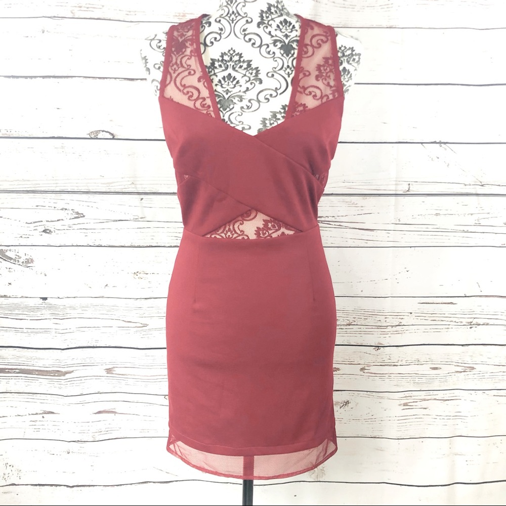 Revolve Lucy Paris Bodycon Mesh Crisscross Cocktail Dress Bordeaux Red